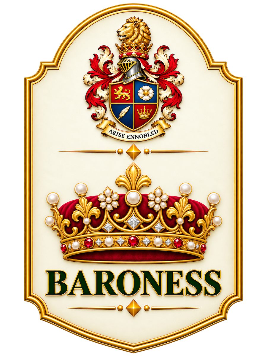 Baroness novelty title plaque with coronet and house crest